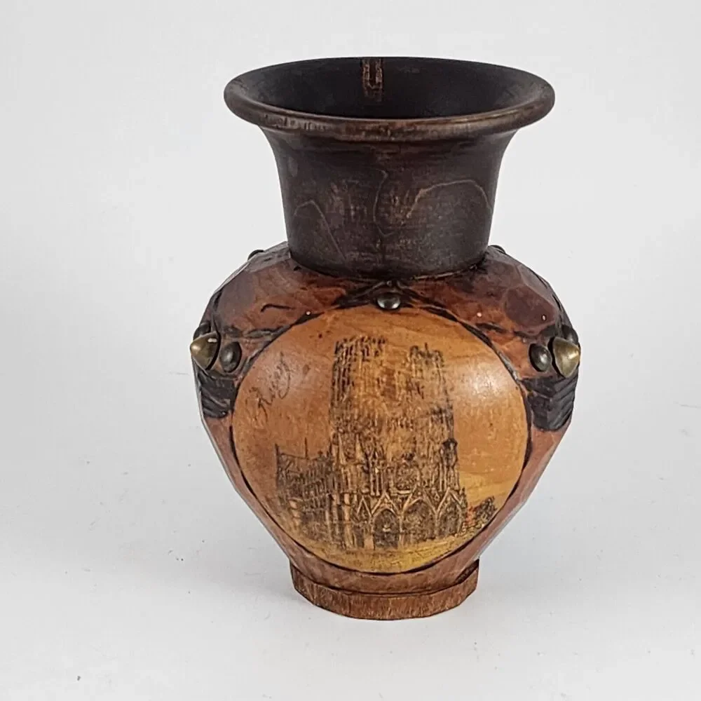 Vintage Small Wood Carved Notre Dame Souvenir Vase
